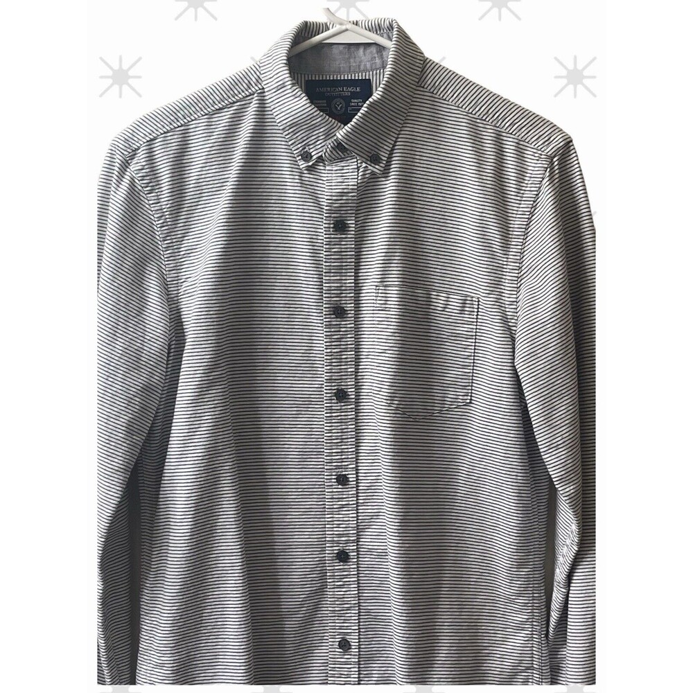 American Eagle Slim Fit White w/ Black Stripes Button-Front L/S Shirt S/P VGC - Picture 2 of 12